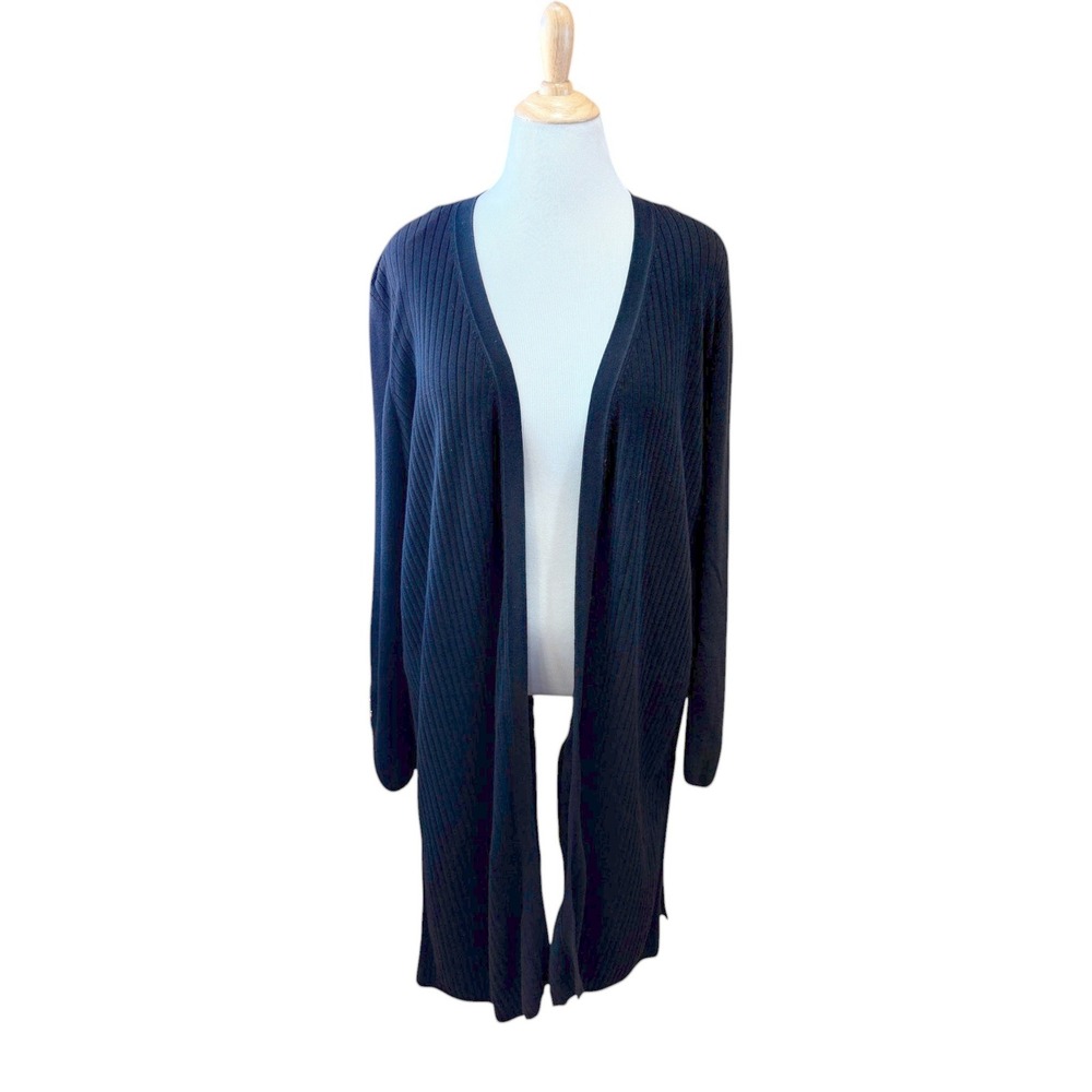 Talbots Woman Black Ribbed Open Front Long Cardigan Gold Button Cuffs 2X